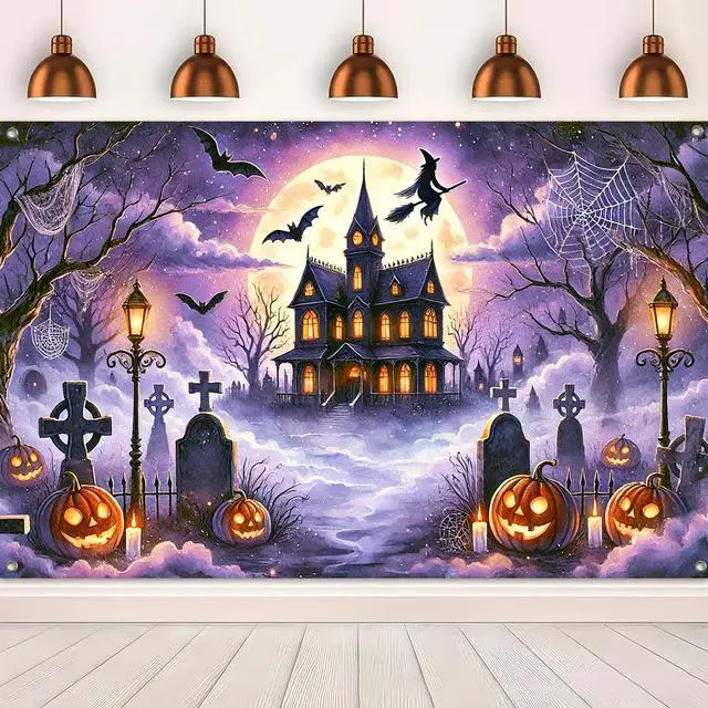 Alt view image 5 of 6 - Halloween Haunted House Banner 71x43 in Full Moon Decor | Spooky Wall Banner, Halloween Backdrop for Photo Booth, Porch and Haunted House, Graveyard Haunted House Pattern