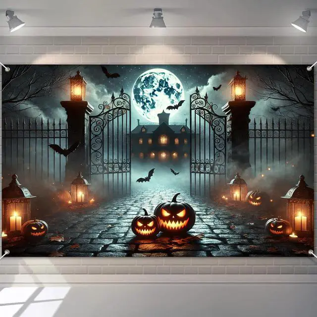 Main image of Halloween Graveyard Banner 71x43 in Spooky Party Decor | Halloween Backdrop, Spooky Banner for Haunted House, Porch and Photo Booth, Pumpkin Mansion Lantern Night Style