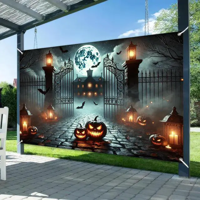 Alt view image 2 of 6 - Halloween Graveyard Banner 71x43 in Spooky Party Decor | Halloween Backdrop, Spooky Banner for Haunted House, Porch and Photo Booth, Pumpkin Mansion Lantern Night Style