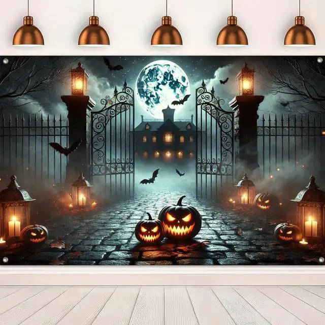 Alt view image 5 of 6 - Halloween Graveyard Banner 71x43 in Spooky Party Decor | Halloween Backdrop, Spooky Banner for Haunted House, Porch and Photo Booth, Pumpkin Mansion Lantern Night Style
