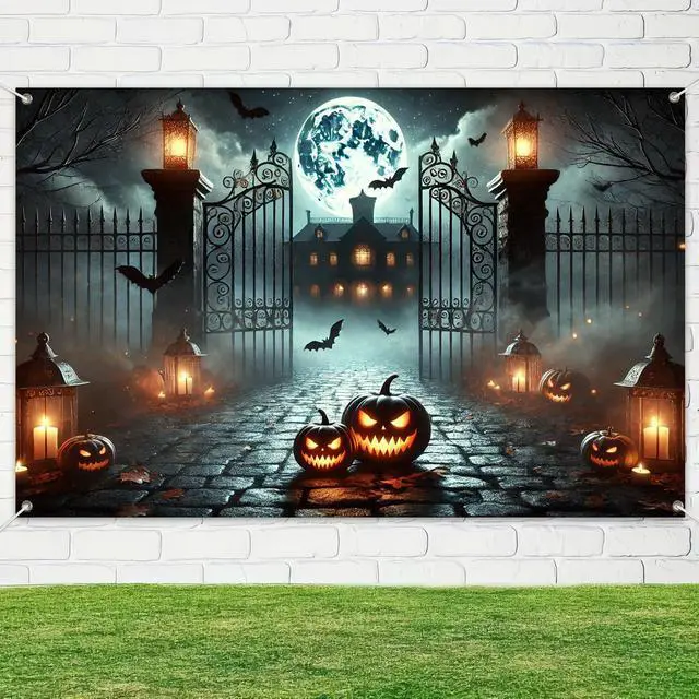 Alt view image 4 of 6 - Halloween Graveyard Banner 71x43 in Spooky Party Decor | Halloween Backdrop, Spooky Banner for Haunted House, Porch and Photo Booth, Pumpkin Mansion Lantern Night Style