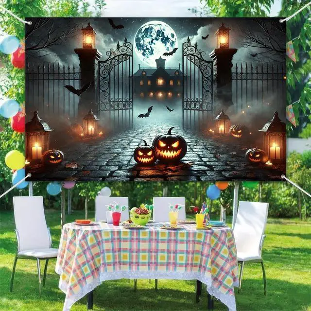 Alt view image 6 of 6 - Halloween Graveyard Banner 71x43 in Spooky Party Decor | Halloween Backdrop, Spooky Banner for Haunted House, Porch and Photo Booth, Pumpkin Mansion Lantern Night Style