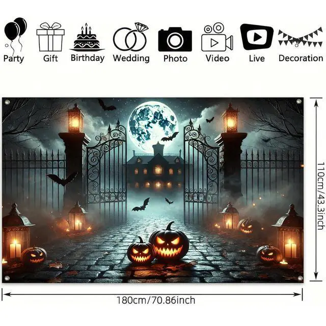 Alt view image 3 of 6 - Halloween Graveyard Banner 71x43 in Spooky Party Decor | Halloween Backdrop, Spooky Banner for Haunted House, Porch and Photo Booth, Pumpkin Mansion Lantern Night Style
