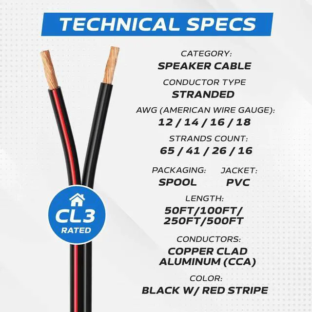 Alt view image 3 of 6 - Speaker Cable 100FT 18AWG 2 Conductors (18/2) CL3 Rated CCA (Copper Clad Aluminum) Black Jacket Compatible with Low Voltage LED Wire, Car Audio, Home Theater