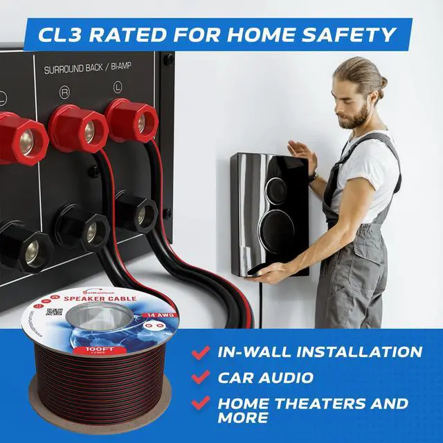 Alt view image 4 of 6 - Speaker Cable 100FT 18AWG 2 Conductors (18/2) CL3 Rated CCA (Copper Clad Aluminum) Black Jacket Compatible with Low Voltage LED Wire, Car Audio, Home Theater