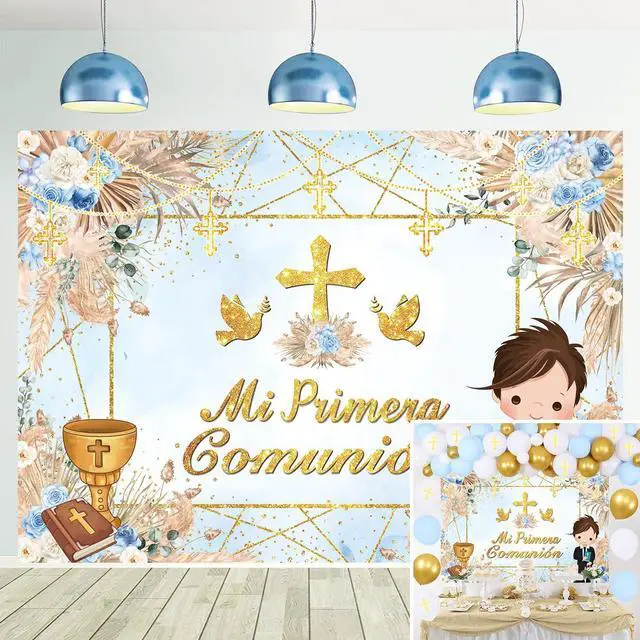 Main image of Mi Primera Comunión Baptism Backdrop for Boy First Holy Communion Christening Banner God Bless Mi Bautizo Photography Background Blue Flower Party Decorations Photo Props (Blue, 82x59 inch (7x5FT))