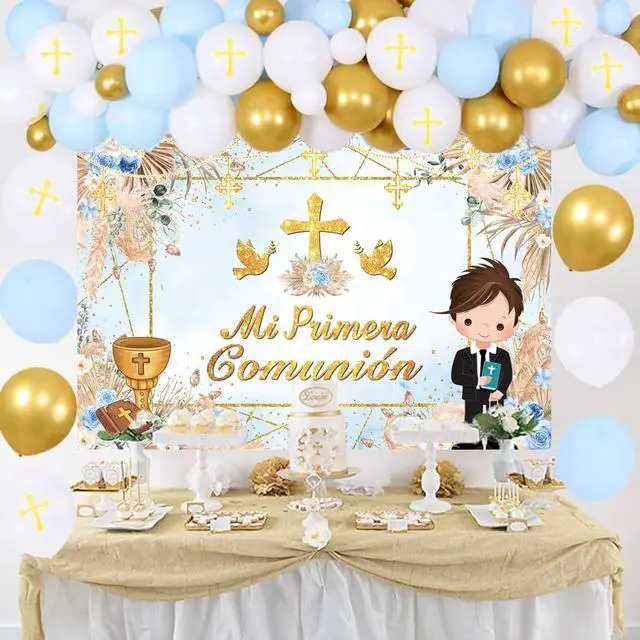 Alt view image 3 of 7 - Mi Primera Comunión Baptism Backdrop for Boy First Holy Communion Christening Banner God Bless Mi Bautizo Photography Background Blue Flower Party Decorations Photo Props (Blue, 82x59 inch (7x5FT))