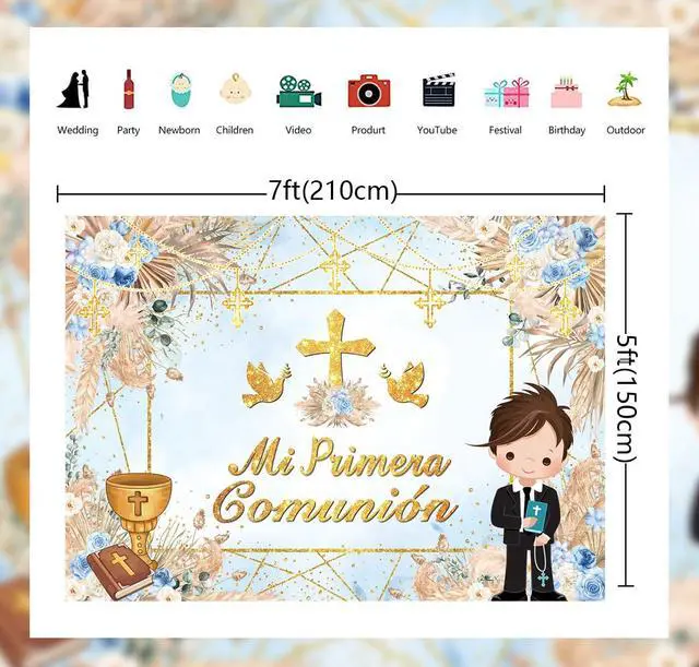 Alt view image 2 of 7 - Mi Primera Comunión Baptism Backdrop for Boy First Holy Communion Christening Banner God Bless Mi Bautizo Photography Background Blue Flower Party Decorations Photo Props (Blue, 82x59 inch (7x5FT))