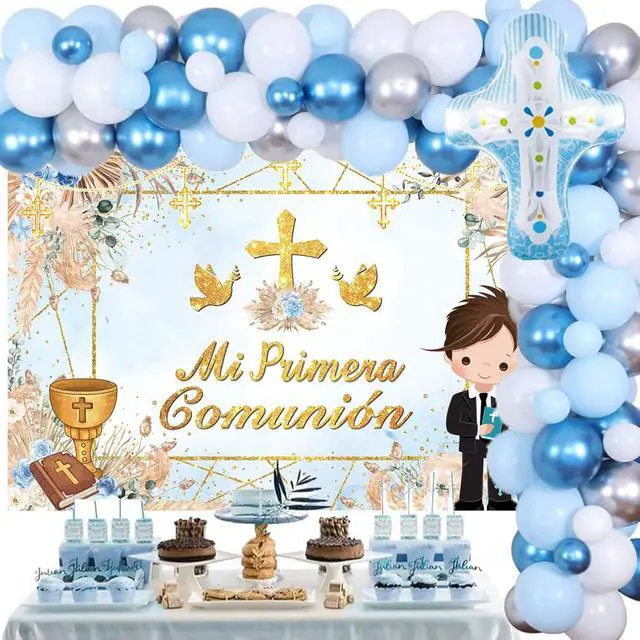 Alt view image 4 of 7 - Mi Primera Comunión Baptism Backdrop for Boy First Holy Communion Christening Banner God Bless Mi Bautizo Photography Background Blue Flower Party Decorations Photo Props (Blue, 82x59 inch (7x5FT))
