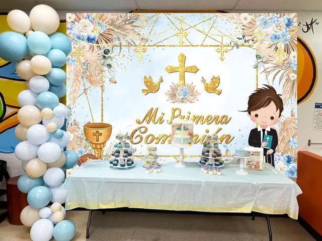 Alt view image 5 of 7 - Mi Primera Comunión Baptism Backdrop for Boy First Holy Communion Christening Banner God Bless Mi Bautizo Photography Background Blue Flower Party Decorations Photo Props (Blue, 82x59 inch (7x5FT))