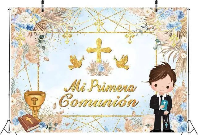 Alt view image 6 of 7 - Mi Primera Comunión Baptism Backdrop for Boy First Holy Communion Christening Banner God Bless Mi Bautizo Photography Background Blue Flower Party Decorations Photo Props (Blue, 82x59 inch (7x5FT))