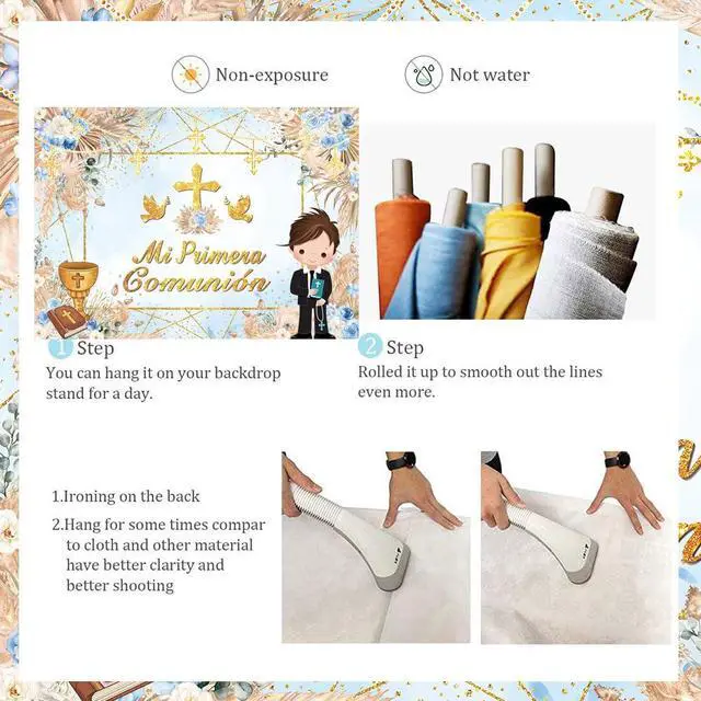 Alt view image 7 of 7 - Mi Primera Comunión Baptism Backdrop for Boy First Holy Communion Christening Banner God Bless Mi Bautizo Photography Background Blue Flower Party Decorations Photo Props (Blue, 82x59 inch (7x5FT))