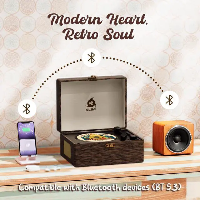 Alt view image 2 of 7 - Retro CD Player Vintage Style CD Player with Speakers, Bluetooth Receiver, AUX, USB, Rechargeable Battery, Mini Record Player Look, Small Cute CD Music Box for Home Decor - Wood