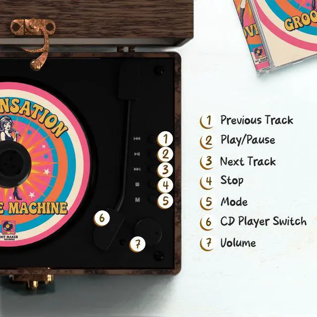 Alt view image 3 of 7 - Retro CD Player Vintage Style CD Player with Speakers, Bluetooth Receiver, AUX, USB, Rechargeable Battery, Mini Record Player Look, Small Cute CD Music Box for Home Decor - Wood