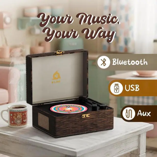 Alt view image 4 of 7 - Retro CD Player Vintage Style CD Player with Speakers, Bluetooth Receiver, AUX, USB, Rechargeable Battery, Mini Record Player Look, Small Cute CD Music Box for Home Decor - Wood