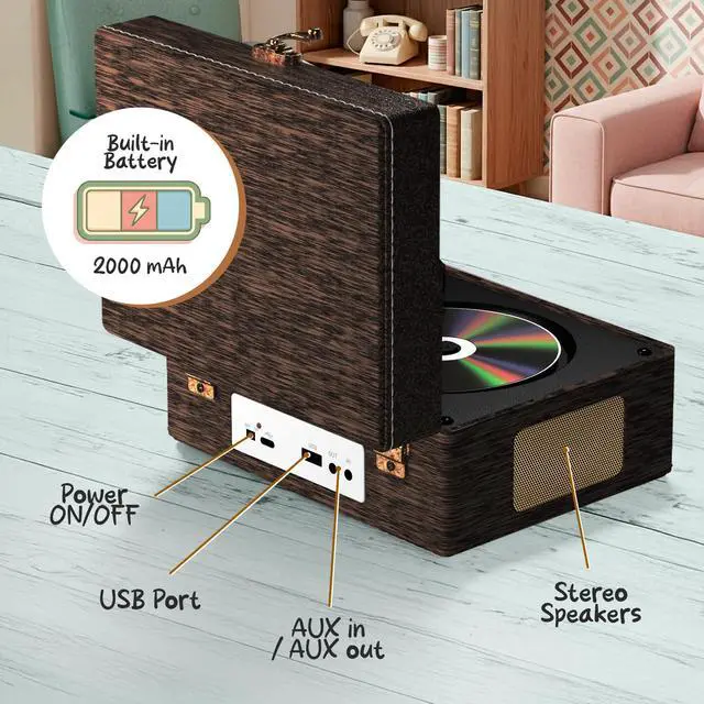 Alt view image 6 of 7 - Retro CD Player Vintage Style CD Player with Speakers, Bluetooth Receiver, AUX, USB, Rechargeable Battery, Mini Record Player Look, Small Cute CD Music Box for Home Decor - Wood