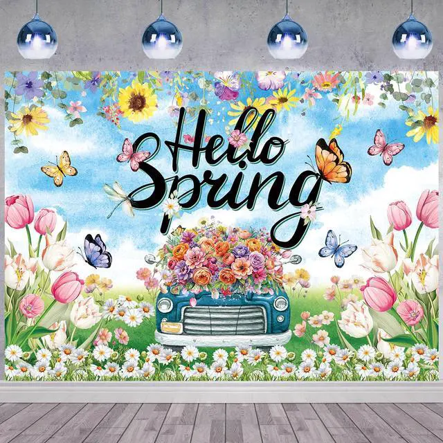 Alt view image 3 of 7 - Hello Spring Backdrop Colorful Floral Tulips Truck Photography Background for Easter Holiday Spring Party Decorations Banner Photo Props (8X6FT(94 x 70 inch))