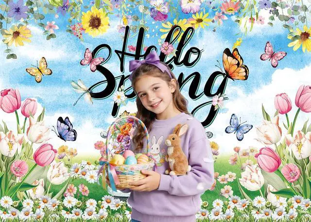 Alt view image 5 of 7 - Hello Spring Backdrop Colorful Floral Tulips Truck Photography Background for Easter Holiday Spring Party Decorations Banner Photo Props (8X6FT(94 x 70 inch))