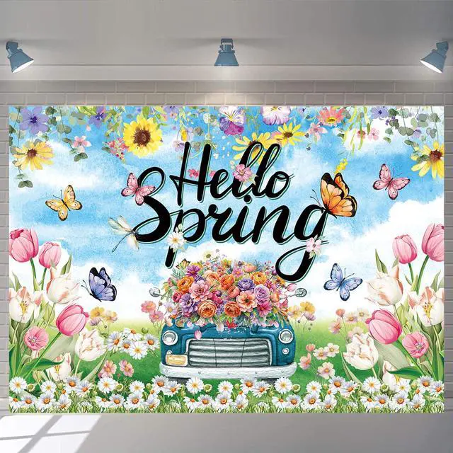 Alt view image 2 of 7 - Hello Spring Backdrop Colorful Floral Tulips Truck Photography Background for Easter Holiday Spring Party Decorations Banner Photo Props (8X6FT(94 x 70 inch))