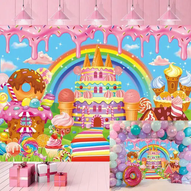 Main image of Candyland Backdrop Cartoon Candy Theme Birthday Party Sweet Donut Lollipop Ice Cream Castle Rainbow Photography Background Girls Princess Baby Shower Decoration Banner Supplies (8x6FT)