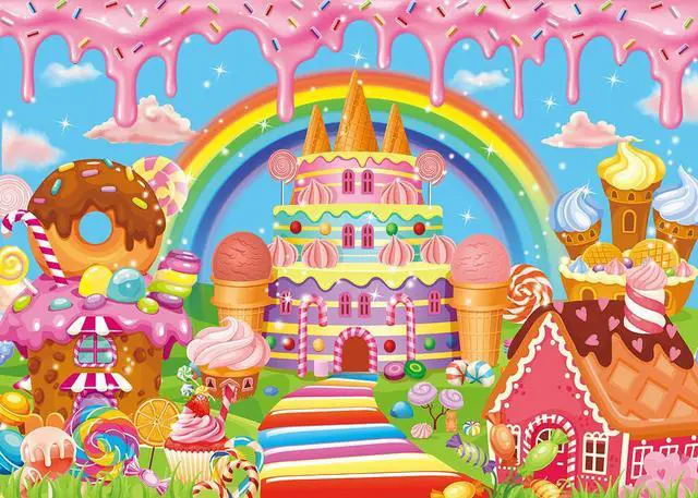 Alt view image 2 of 7 - Candyland Backdrop Cartoon Candy Theme Birthday Party Sweet Donut Lollipop Ice Cream Castle Rainbow Photography Background Girls Princess Baby Shower Decoration Banner Supplies (8x6FT)