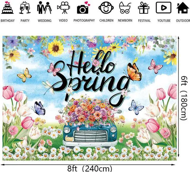 Alt view image 6 of 7 - Hello Spring Backdrop Colorful Floral Tulips Truck Photography Background for Easter Holiday Spring Party Decorations Banner Photo Props (8X6FT(94 x 70 inch))