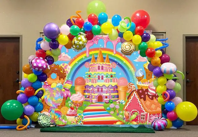 Alt view image 4 of 7 - Candyland Backdrop Cartoon Candy Theme Birthday Party Sweet Donut Lollipop Ice Cream Castle Rainbow Photography Background Girls Princess Baby Shower Decoration Banner Supplies (8x6FT)