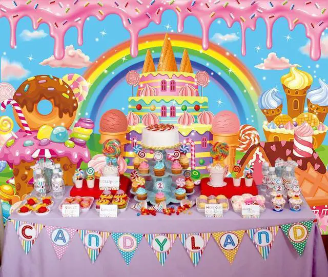 Alt view image 6 of 7 - Candyland Backdrop Cartoon Candy Theme Birthday Party Sweet Donut Lollipop Ice Cream Castle Rainbow Photography Background Girls Princess Baby Shower Decoration Banner Supplies (8x6FT)