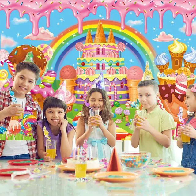 Alt view image 5 of 7 - Candyland Backdrop Cartoon Candy Theme Birthday Party Sweet Donut Lollipop Ice Cream Castle Rainbow Photography Background Girls Princess Baby Shower Decoration Banner Supplies (8x6FT)