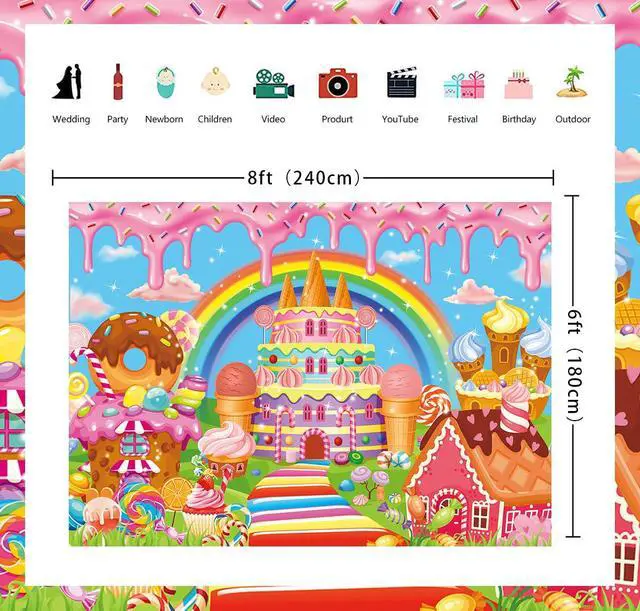Alt view image 7 of 7 - Candyland Backdrop Cartoon Candy Theme Birthday Party Sweet Donut Lollipop Ice Cream Castle Rainbow Photography Background Girls Princess Baby Shower Decoration Banner Supplies (8x6FT)