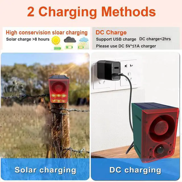 Alt view image 5 of 6 - Solar Motion Detector Alarm Light, 130db Sound Warning Security Strobe Siren Light,Gunshot Dog Barking Sound & Recording 20s Custom Message for Farm Villa Barn Yard Chicken Coop (1PCS)