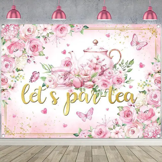 Main image of Let's Partea Backdrop Tea Party Photography Background Pink Afternoon Tea Girls Women Party Decoration Banner Photo Supplies (8x6FT(94 x 70 inch))
