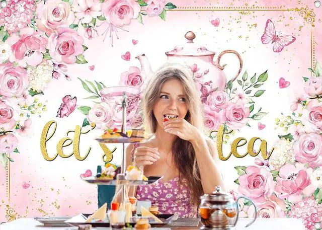 Alt view image 2 of 7 - Let's Partea Backdrop Tea Party Photography Background Pink Afternoon Tea Girls Women Party Decoration Banner Photo Supplies (8x6FT(94 x 70 inch))