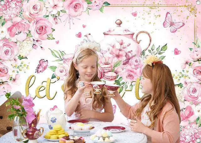 Alt view image 3 of 7 - Let's Partea Backdrop Tea Party Photography Background Pink Afternoon Tea Girls Women Party Decoration Banner Photo Supplies (8x6FT(94 x 70 inch))