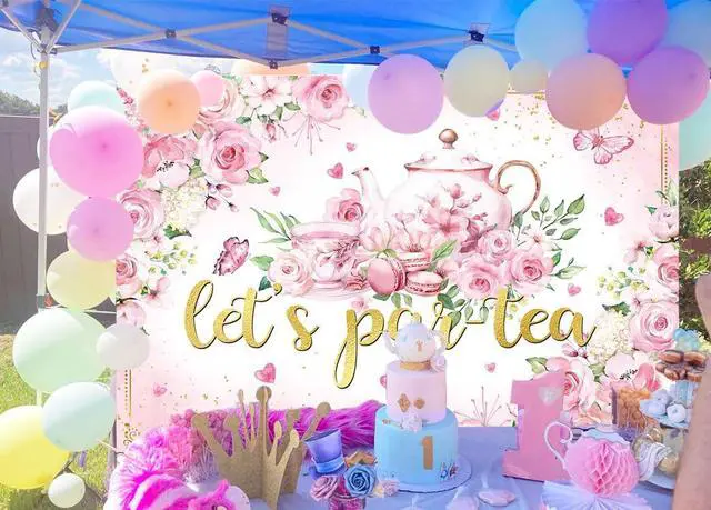 Alt view image 4 of 7 - Let's Partea Backdrop Tea Party Photography Background Pink Afternoon Tea Girls Women Party Decoration Banner Photo Supplies (8x6FT(94 x 70 inch))