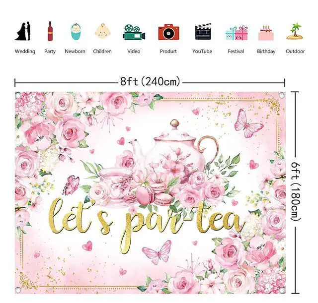 Alt view image 5 of 7 - Let's Partea Backdrop Tea Party Photography Background Pink Afternoon Tea Girls Women Party Decoration Banner Photo Supplies (8x6FT(94 x 70 inch))