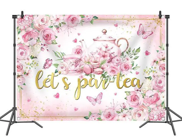 Alt view image 7 of 7 - Let's Partea Backdrop Tea Party Photography Background Pink Afternoon Tea Girls Women Party Decoration Banner Photo Supplies (8x6FT(94 x 70 inch))