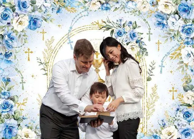 Alt view image 2 of 7 - Mi Primera Comunion Backdrop Banner Blue First Holy Communion Background God Bless Christening Comunion Baby Baptism Party Decorations Banner Photo Props (Blue, 8x6FT(94 x 70 inch))