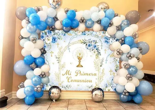 Alt view image 3 of 7 - Mi Primera Comunion Backdrop Banner Blue First Holy Communion Background God Bless Christening Comunion Baby Baptism Party Decorations Banner Photo Props (Blue, 8x6FT(94 x 70 inch))