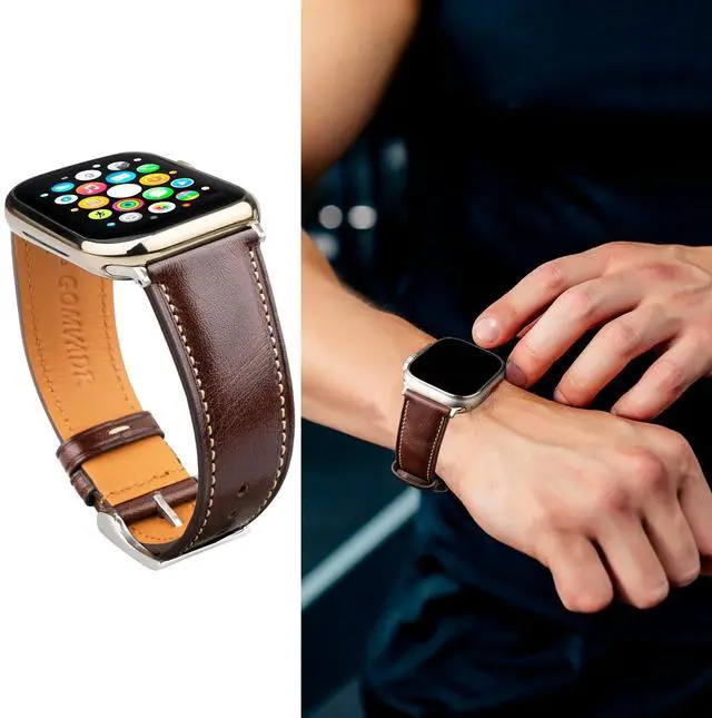 Alt view image 3 of 6 - Leather Bands Compatible with Apple Watch Band 42mm 44mm 45mm 49mm Ultra, Replacement Band Leather Strap for Men iWatch Ultra 3/2/1 Series 9 8 7 6 5 4