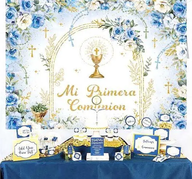 Alt view image 4 of 7 - Mi Primera Comunion Backdrop Banner Blue First Holy Communion Background God Bless Christening Comunion Baby Baptism Party Decorations Banner Photo Props (Blue, 8x6FT(94 x 70 inch))