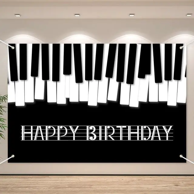 Main image of Piano Happy Birthday Banner Backdrop Black White Music Piano Keyboard Theme Background Decor for Adults Kids Musicians Music Birthday Party Favors Decorations Supplies 70.8x47.2in
