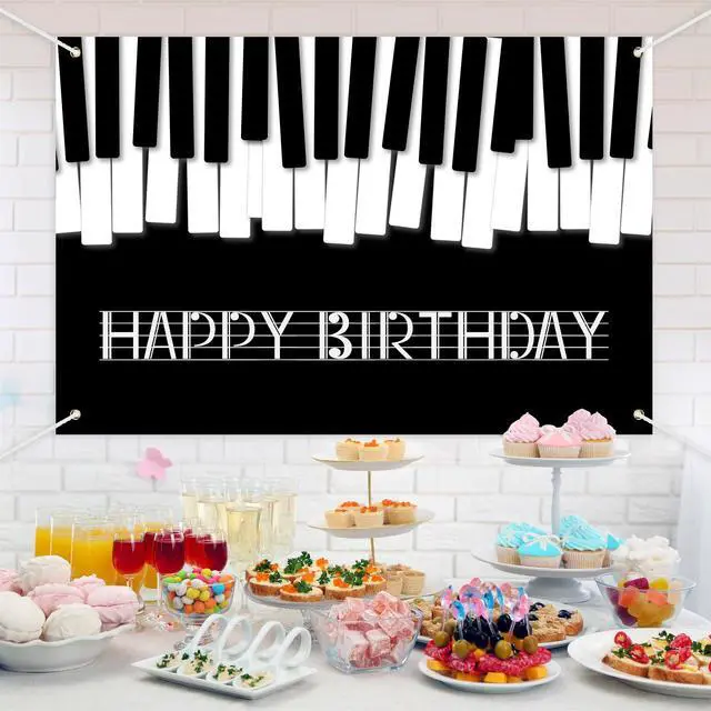 Alt view image 2 of 7 - Piano Happy Birthday Banner Backdrop Black White Music Piano Keyboard Theme Background Decor for Adults Kids Musicians Music Birthday Party Favors Decorations Supplies 70.8x47.2in