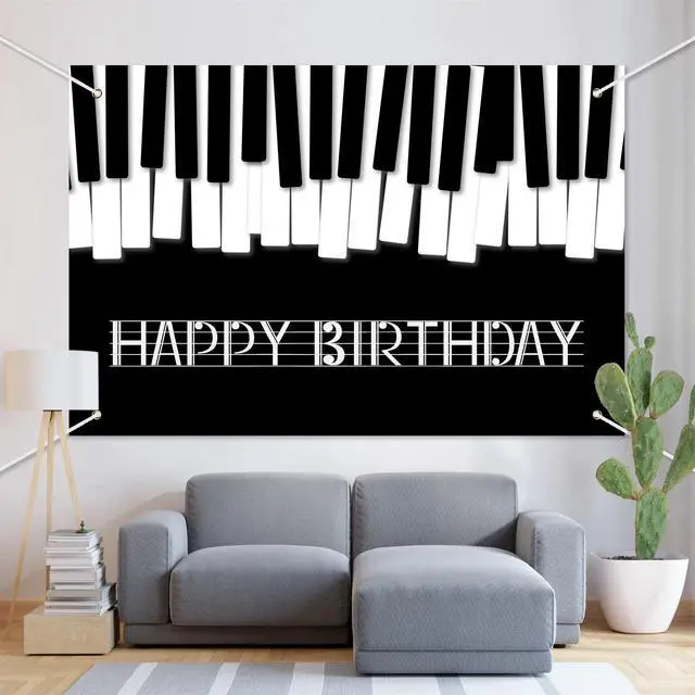Alt view image 3 of 7 - Piano Happy Birthday Banner Backdrop Black White Music Piano Keyboard Theme Background Decor for Adults Kids Musicians Music Birthday Party Favors Decorations Supplies 70.8x47.2in