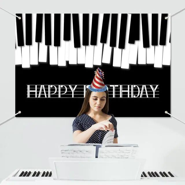 Alt view image 4 of 7 - Piano Happy Birthday Banner Backdrop Black White Music Piano Keyboard Theme Background Decor for Adults Kids Musicians Music Birthday Party Favors Decorations Supplies 70.8x47.2in
