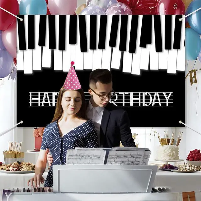 Alt view image 5 of 7 - Piano Happy Birthday Banner Backdrop Black White Music Piano Keyboard Theme Background Decor for Adults Kids Musicians Music Birthday Party Favors Decorations Supplies 70.8x47.2in