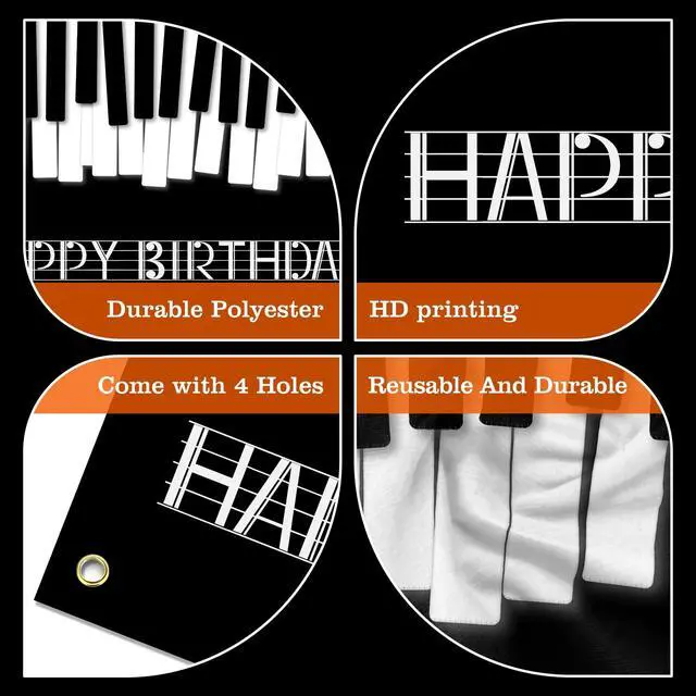 Alt view image 6 of 7 - Piano Happy Birthday Banner Backdrop Black White Music Piano Keyboard Theme Background Decor for Adults Kids Musicians Music Birthday Party Favors Decorations Supplies 70.8x47.2in