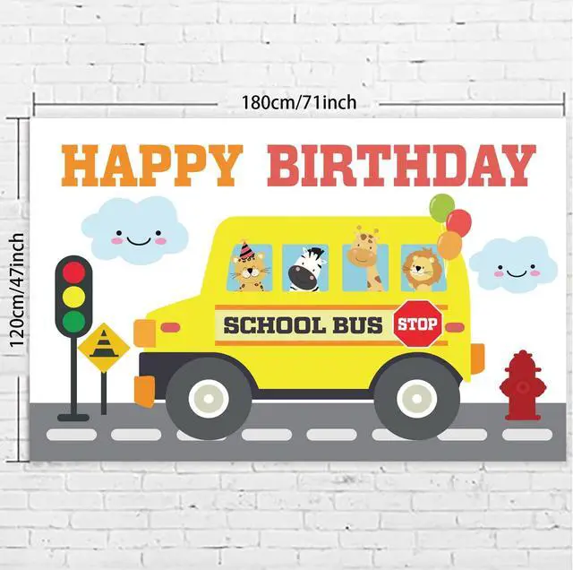 Alt view image 3 of 6 - Yellow School Bus Happy Birthday Banner Backdrop Background Photo Booth Props Back to School Wheels on the Bus Theme Decor for First Day of School Welcome Party 1st Birthday Party Favors Decorations