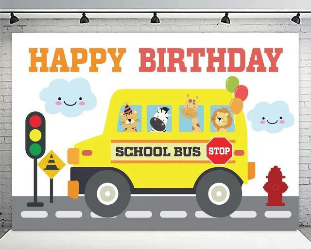 Alt view image 5 of 6 - Yellow School Bus Happy Birthday Banner Backdrop Background Photo Booth Props Back to School Wheels on the Bus Theme Decor for First Day of School Welcome Party 1st Birthday Party Favors Decorations