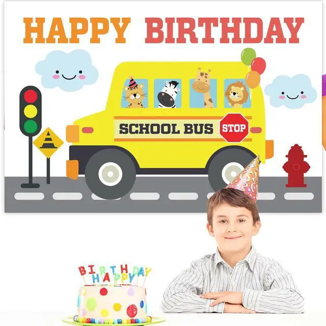 Alt view image 6 of 6 - Yellow School Bus Happy Birthday Banner Backdrop Background Photo Booth Props Back to School Wheels on the Bus Theme Decor for First Day of School Welcome Party 1st Birthday Party Favors Decorations